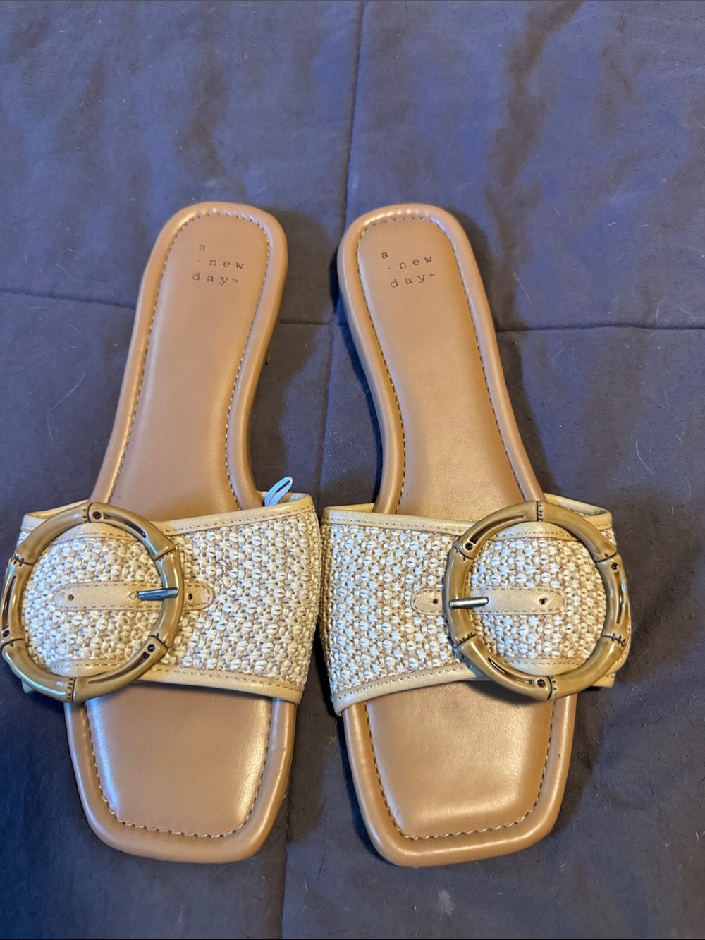 a new day Tan Raffia Slide Sandals with Gold Round Buckles